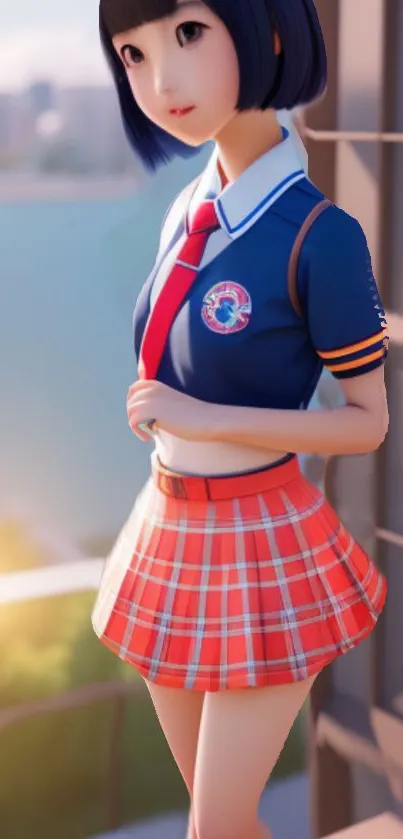 Anime school girl in uniform with city background, vibrant colors, digital art.