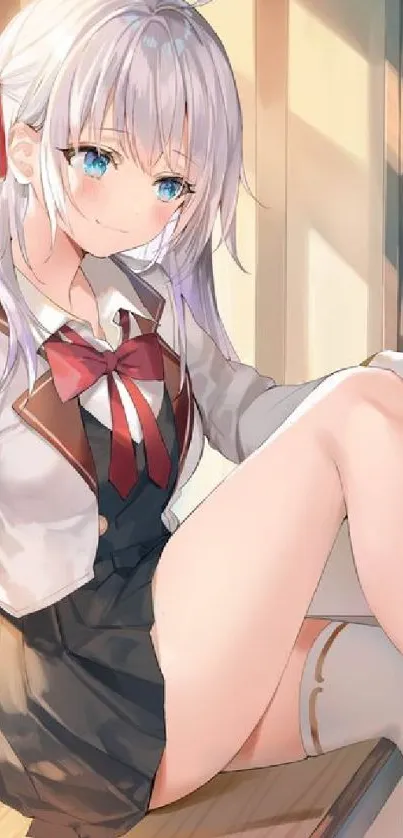 Anime school girl with silver hair and blue eyes sitting in sunlight.