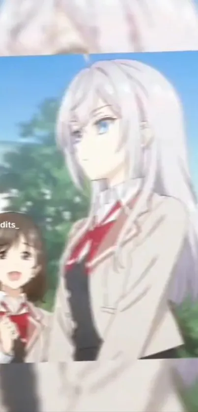 Anime school girl with light hair in uniform under a blue sky.