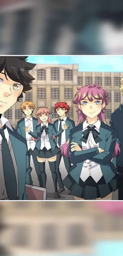 Anime school group with distinct characters in uniforms.