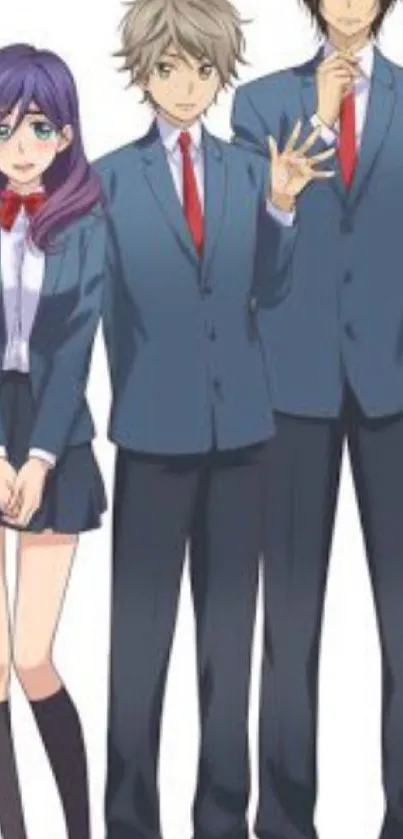 Anime characters in school uniforms with blue jackets and red ties.