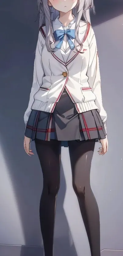 Anime schoolgirl standing with gray uniform and pastel colors.