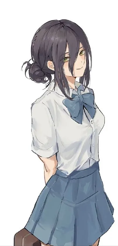 Anime schoolgirl with dark hair and uniform, mobile wallpaper.