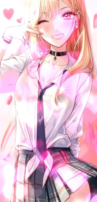 Anime schoolgirl with pink hearts aesthetic wallpaper