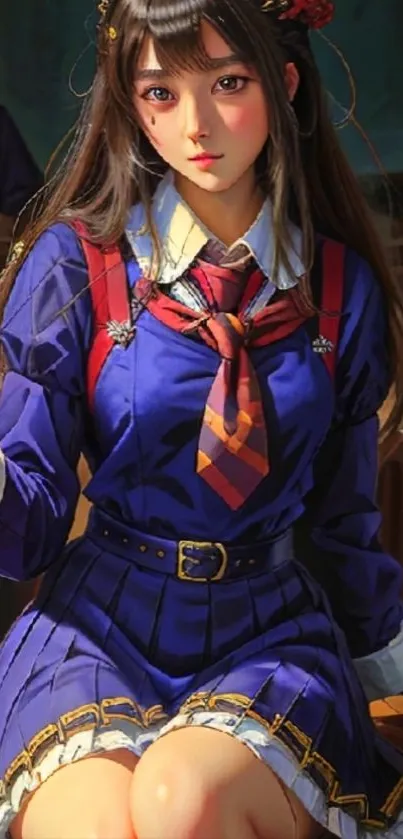 Anime schoolgirl in a detailed blue uniform seated in a classroom setting.