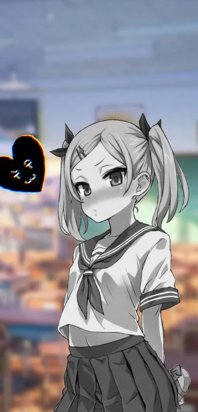 Grayscale anime schoolgirl with colorful heart.