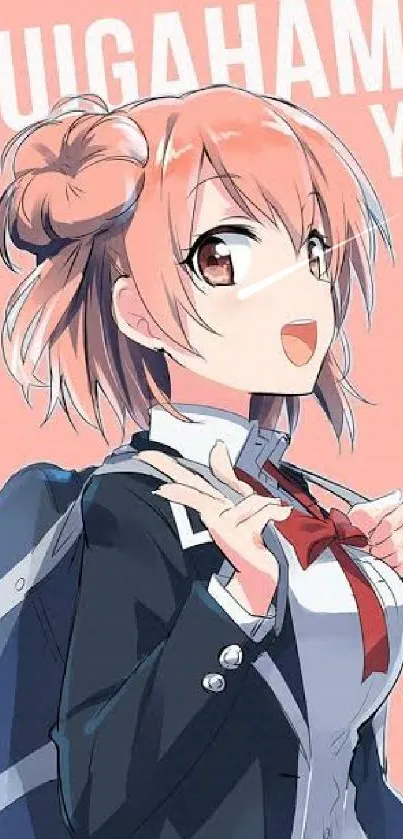 Anime schoolgirl with a peach background, smiling.