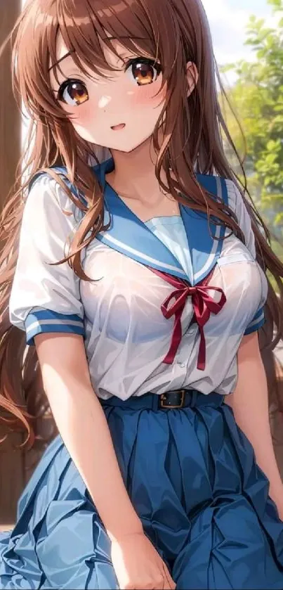 Anime school girl with uniform in vibrant illustration.