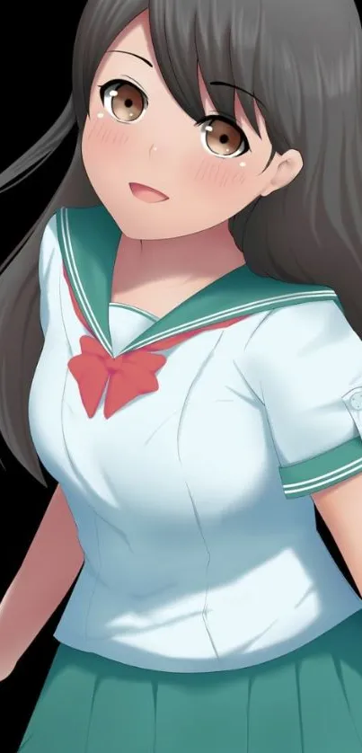 Anime schoolgirl in teal sailor uniform with long dark hair.