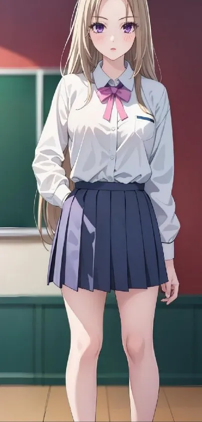 Anime schoolgirl in classroom setting with uniform.