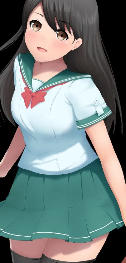 Anime schoolgirl character with dark hair, in uniform, on a mobile wallpaper.