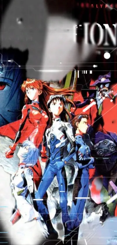 Anime sci-fi wallpaper with iconic characters in vibrant hues.