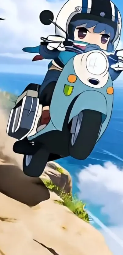 Anime character riding a scooter by the ocean with blue skies.