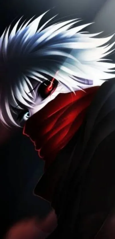 Mysterious anime character with white hair and red scarf in shadowy setting.