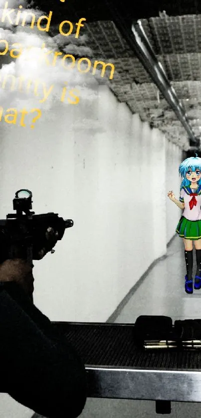 Shooter aiming at an anime character in a futuristic corridor setting.