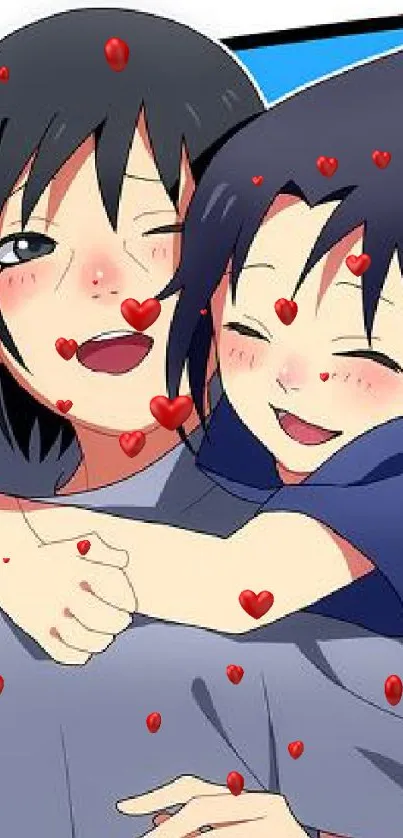 Anime siblings hugging with blue background, cute and heartwarming.