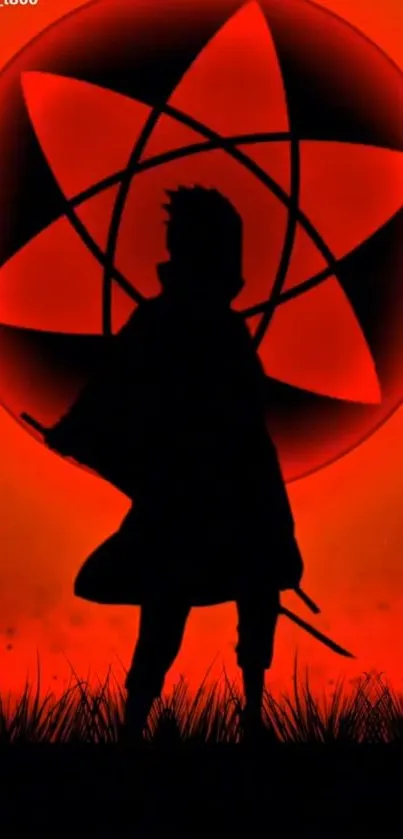 Anime silhouette with red glowing background.