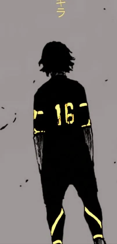 Anime silhouette with yellow accents against a gray background.