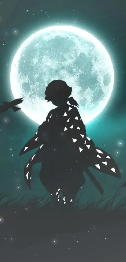 Silhouette of anime character with moonlit background and ravens.