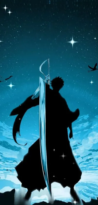 Anime silhouette with sword under a starry teal night sky.