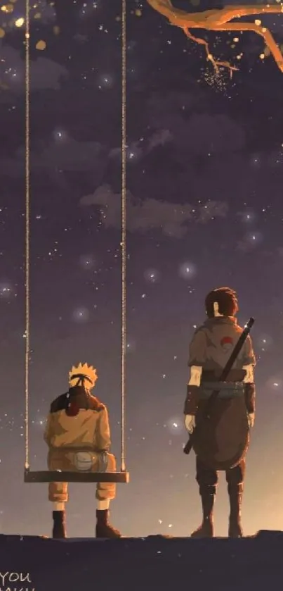 Anime characters on a swing under a starry night sky, with a dark blue atmosphere.