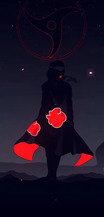 Anime silhouette at night with red accents on dark blue background.