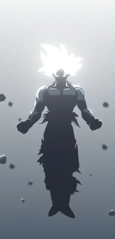 Anime silhouette of a powerful floating figure with dark gray background.