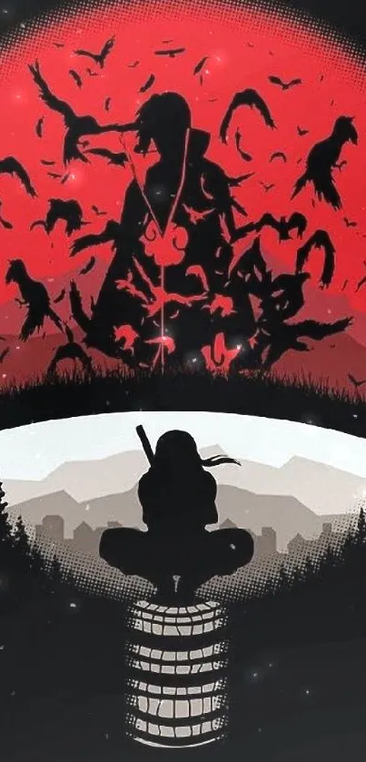 Anime silhouette with red sunset and ravens in dramatic scenery.