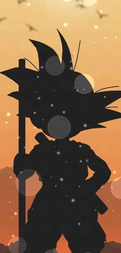 Anime character silhouette with an orange sunset background.