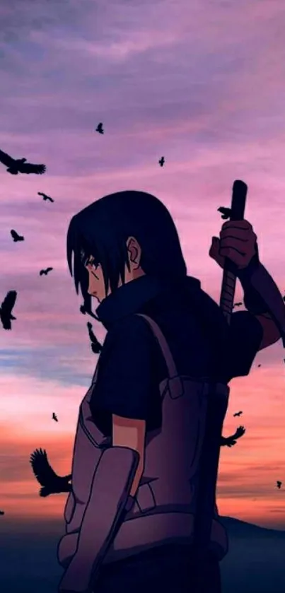 Anime character silhouette with sunset background and birds.