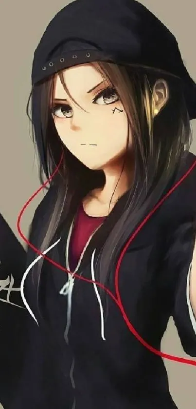 Anime girl with skateboard and hoodie, wearing headphones.