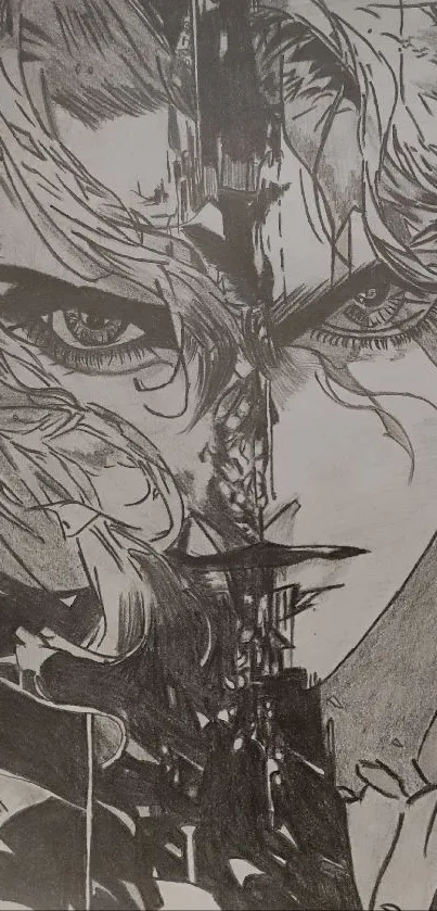 Intricate anime sketch art wallpaper with a dramatic face split design.