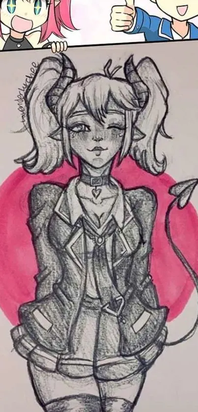 Anime sketch of a demon girl with a pink background and gothic attire.