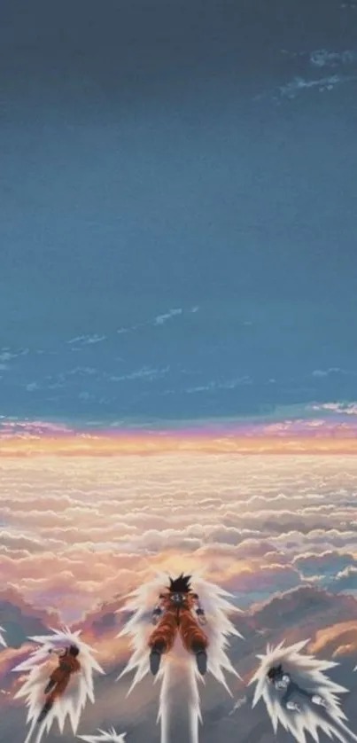 Anime characters soaring through a vibrant sky, surrounded by picturesque clouds.