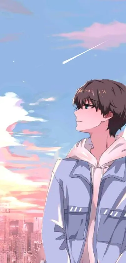 Anime boy gazing at city skyline during sunset with a serene, colorful sky.