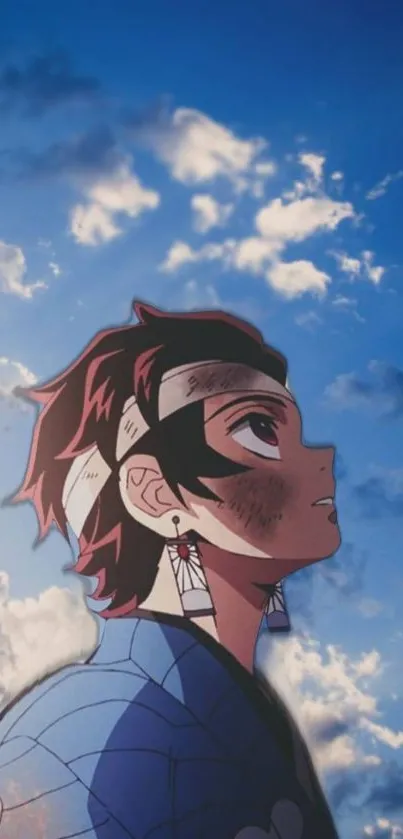 Anime character gazing at cloudy sky wallpaper.