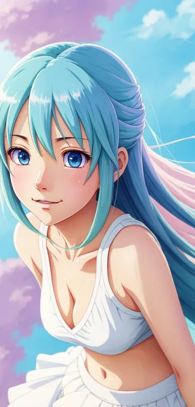 Anime character with blue hair against a cloudy sky.