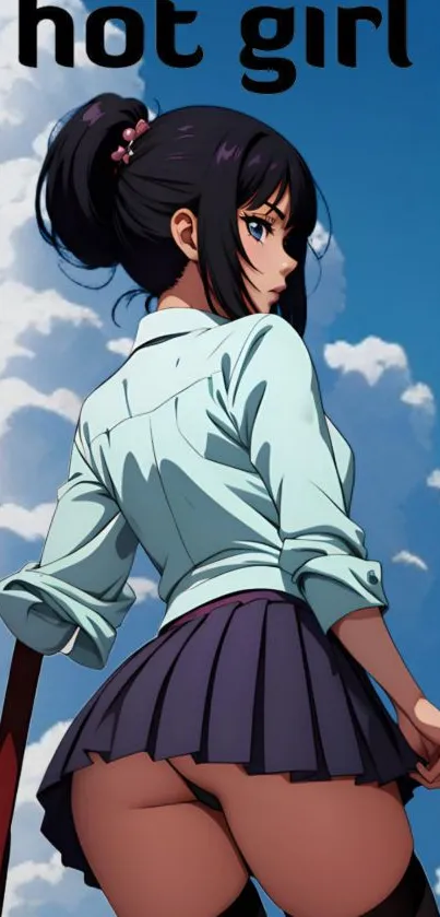 Anime girl standing under a blue sky, with clouds in the background.