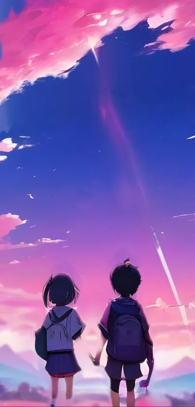 Dreamy anime sky with two children gazing upward.