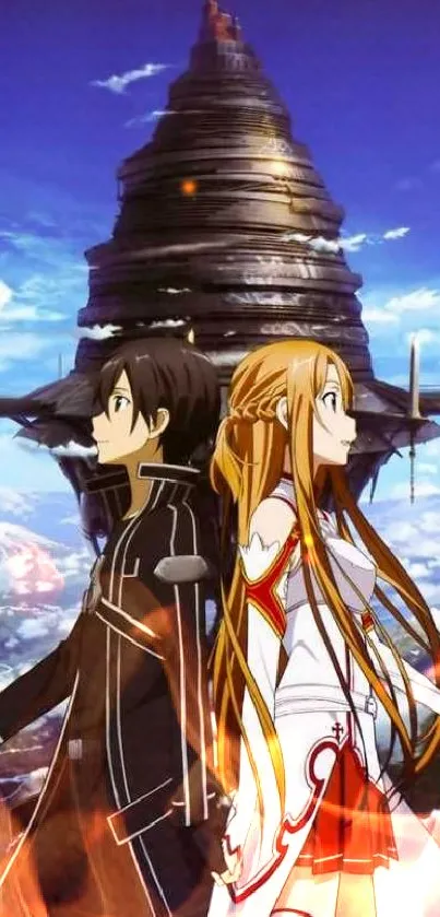 Anime characters back-to-back in front of a towering structure with a vivid sky.