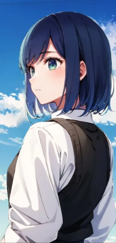 Anime character with blue sky background and serene atmosphere.