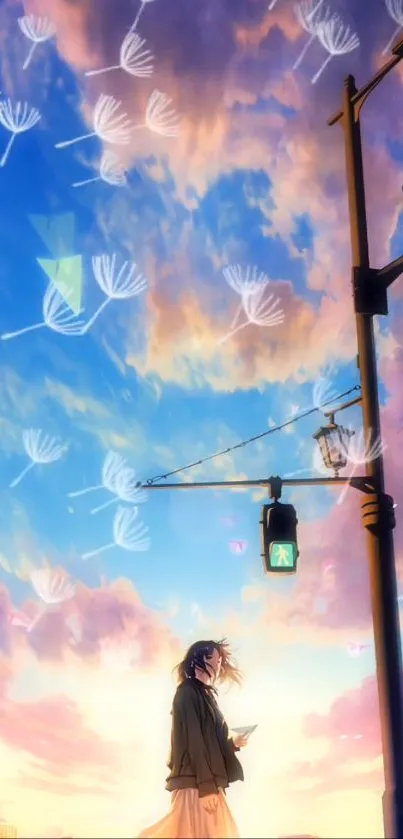 Anime wallpaper featuring evening sky with floating dandelions.