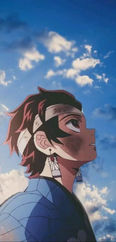 Anime character gazing at the sky with clouds.