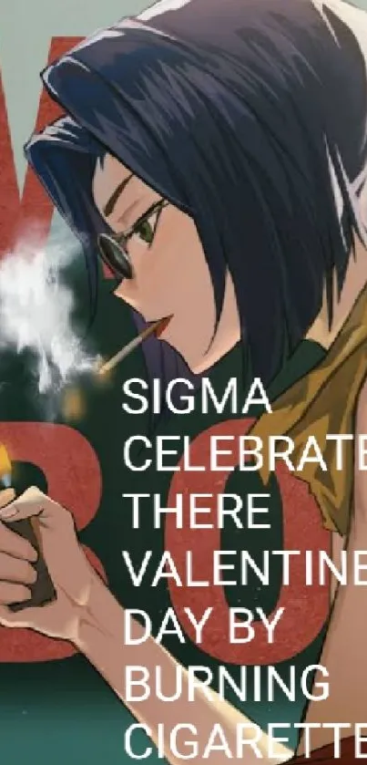 Anime character smoking with a match in hand against a colorful backdrop.