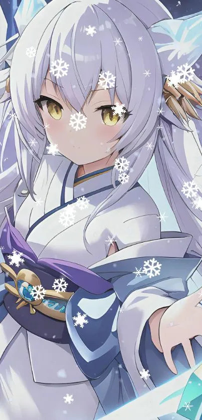 Anime snow princess with snowflakes and icy background.