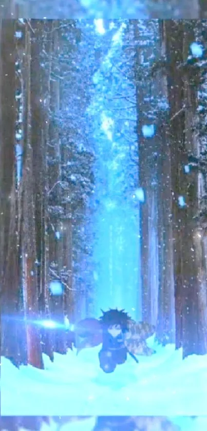 Anime character running through snowy forest with blue lights.