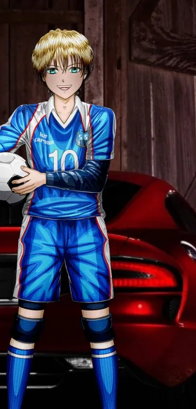 Anime soccer player stands with a ball in front of a red sports car.