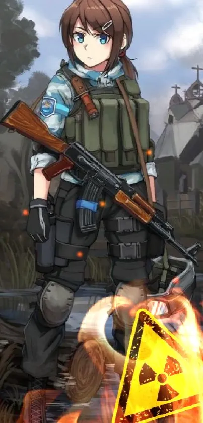 Anime soldier with rifle by a church and water.