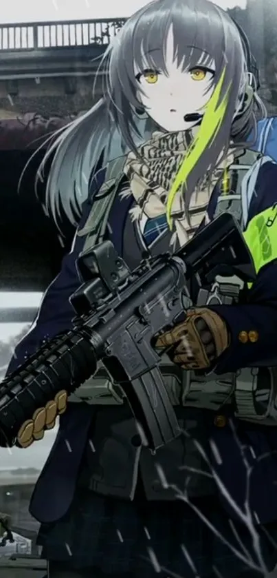 Anime girl soldier with lime highlight and weapon in detailed background.