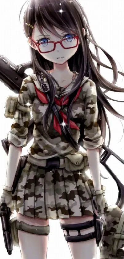 Anime girl in camouflage with red glasses and a gun.